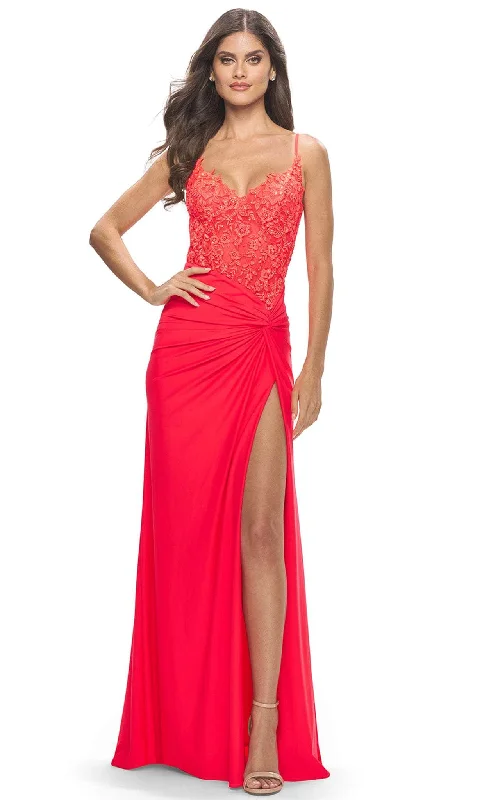 Formal dresses with one - shoulder ruffled straps and sequined bodices for a trendy and eye - catching lookLa Femme 31447 - Lace Applique Corset Bodice Long Prom Dress Formal dresses with one - shoulder ruffled straps and sequined bodices for a trendy and eye - catching lookLa Femme 31447 - Lace Applique Corset Bodice Long Prom Dress