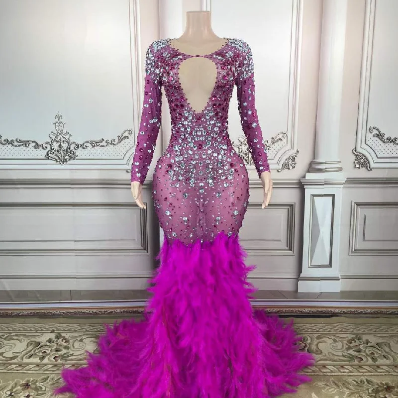 Latest Design Silver Crystal Purple Diamond Party Dress Purple Feather Maxi Standard Prom Dresses 2023 Evening Gowns Sexy