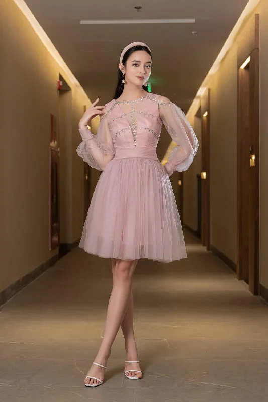 Party dresses with a detachable train for added versatility​Levi Gathered Cuff Sleeved Mesh Sheer Knee-length Dress
