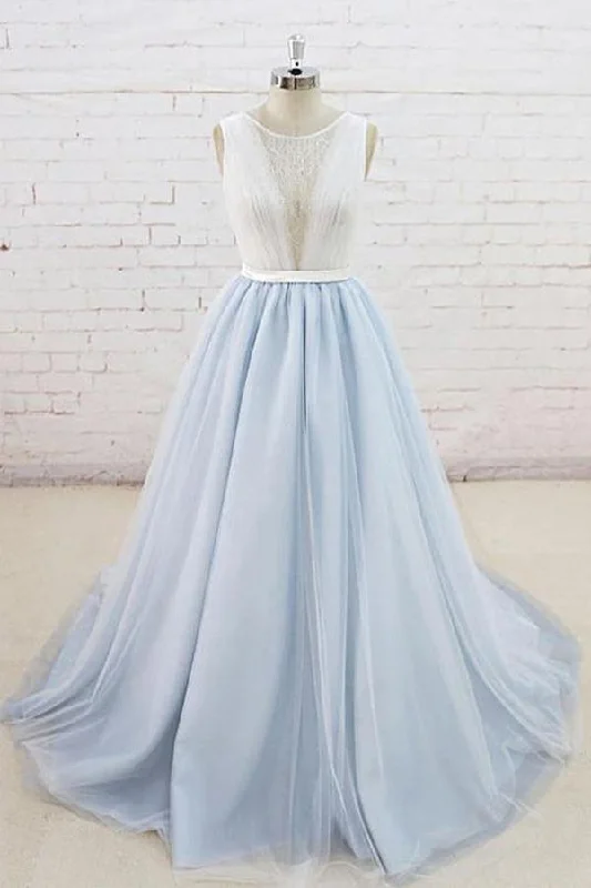 Light Blue Tulle Sheer Back Sweep Train Formal Prom Dress PSK134