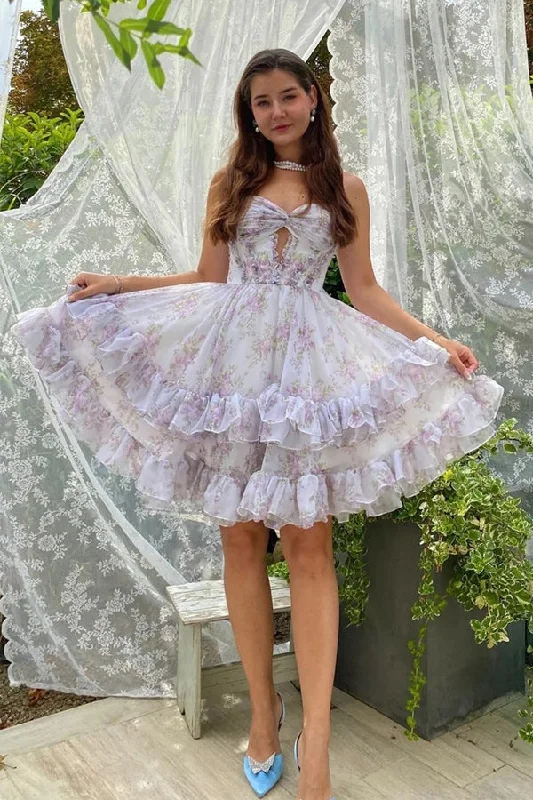 Party dresses with a metallic finish for a shiny and eye - catching effect​Lilac Floral Homecoming Dress Cute Homecoming Dress With Hole PD561