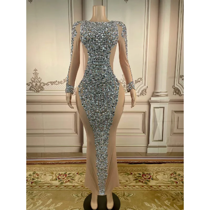 Long Sleeve Crystal Prom Long Dresses Women Rhinestone Maxi Casual 2022 Evening Gown Sexy Party Dresses Women Evening Elegance