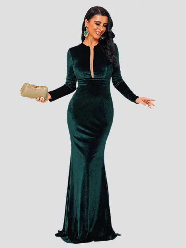 Prom dresses with side - slit pockets and solid - color fabrics for a practical and stylish formal lookLong Sleeve Velvet Green Evening Dress XJ940 Prom dresses with side - slit pockets and solid - color fabrics for a practical and stylish formal lookLong Sleeve Velvet Green Evening Dress XJ940