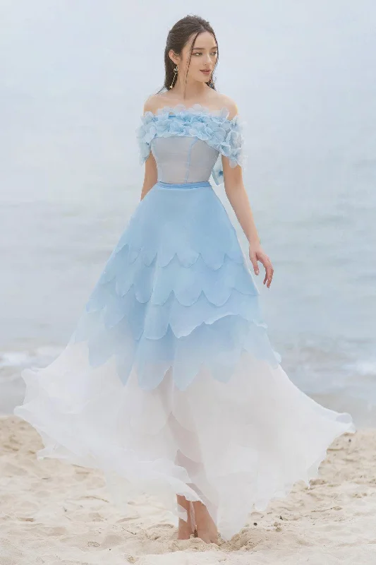 Ball gown party dresses with a full skirt for a princess - like look​Maitreyi Fit and Flare Off-Shoulder Organza Maxi Dress