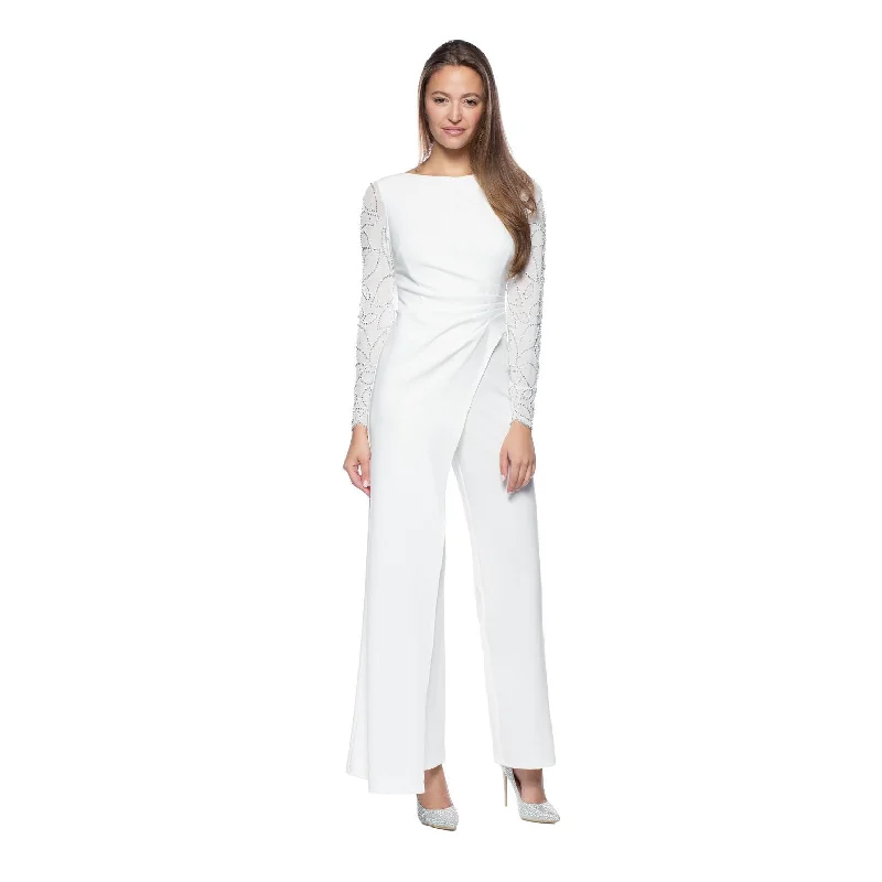 Marina  Embellished Long Sleeve Pleated Waist Stretch Crepe Jumpsuit