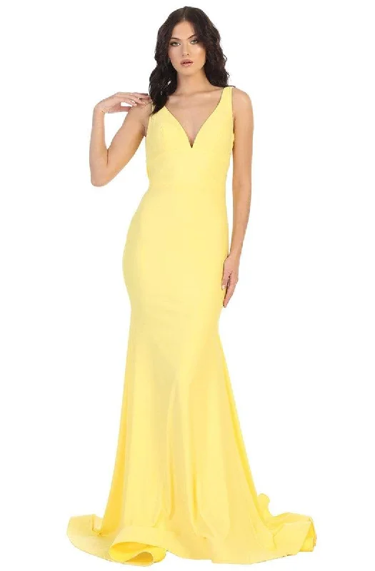 May Queen - MQ1719 Plunging V-neck Trumpet Dress With Train