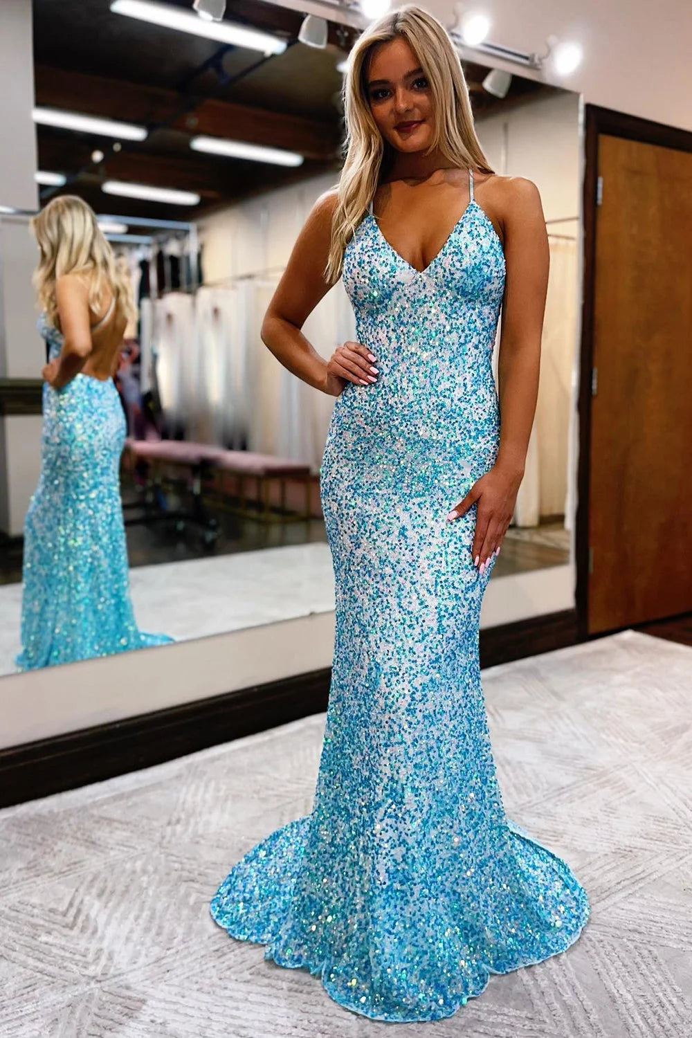 Formal dresses with wrap - around styles and beaded belts for a customized fitMermaid Spaghetti Straps Blue Sequins Backless Long Prom Dress Formal dresses with wrap - around styles and beaded belts for a customized fitMermaid Spaghetti Straps Blue Sequins Backless Long Prom Dress