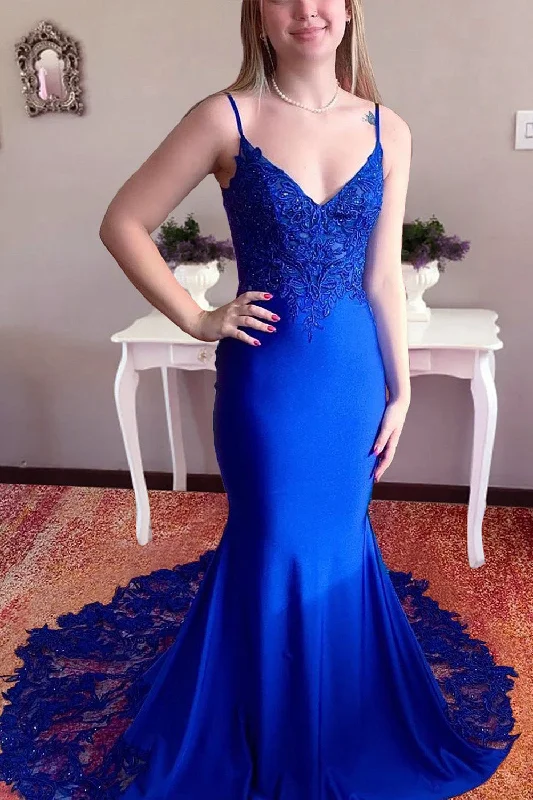 Mermaid Spaghetti Straps Royal Blue Long Prom Dress with Appliques