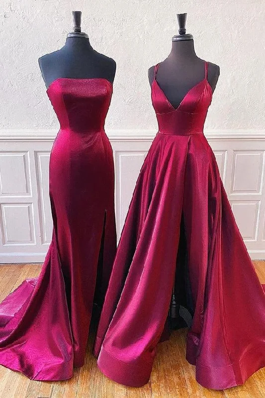Party dresses with a bow detail for a cute and charming touchStrapless Burgundy Split Prom Evening Dress With Sweep Train PSK123 Party dresses with a bow detail for a cute and charming touchStrapless Burgundy Split Prom Evening Dress With Sweep Train PSK123