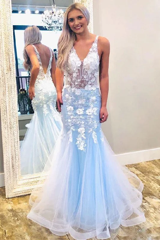 Party dresses with a unique neckline, like a sweetheart or square neck​Mermaid V Neck Sky Blue Prom Dress with Lace Appliques PSK084