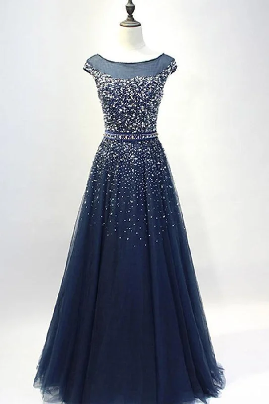 Fairy - themed party dresses with wings and glitter for a magical look​Navy Blue Round Neck Tulle Sequins Full Length Prom Dresses  PSK101