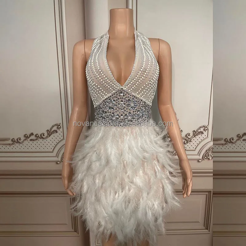 Prom dresses with one - shoulder designs and feather accents for a bold statementNOVANCE Y2072-C women clothing 2023 sexy backless deep V neck bling rhinestones skirt white feathers prom dress short women Prom dresses with one - shoulder designs and feather accents for a bold statementNOVANCE Y2072-C women clothing 2023 sexy backless deep V neck bling rhinestones skirt white feathers prom dress short women