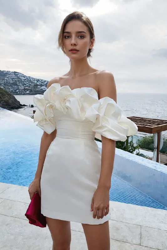 Party dresses with a criss - cross back design for a stylish detailOff Shoulder Sleeveless Satin Mini Homecoming Dress With Ruffles PD540 Party dresses with a criss - cross back design for a stylish detailOff Shoulder Sleeveless Satin Mini Homecoming Dress With Ruffles PD540