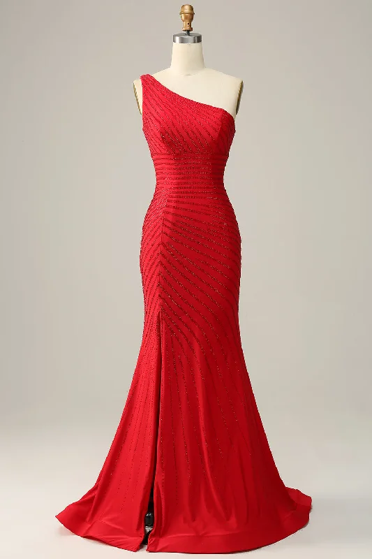 One Shoudler Red Long Prom Dress with Beading