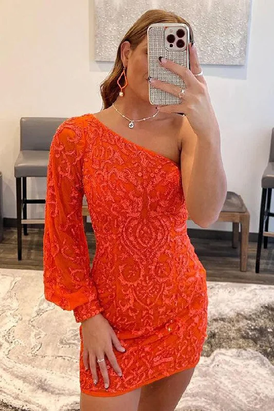 Empire - waist party dresses to accentuate the waistline​One Shoulder Tight Short Prom Dress Orange Homecoming Dress PD563