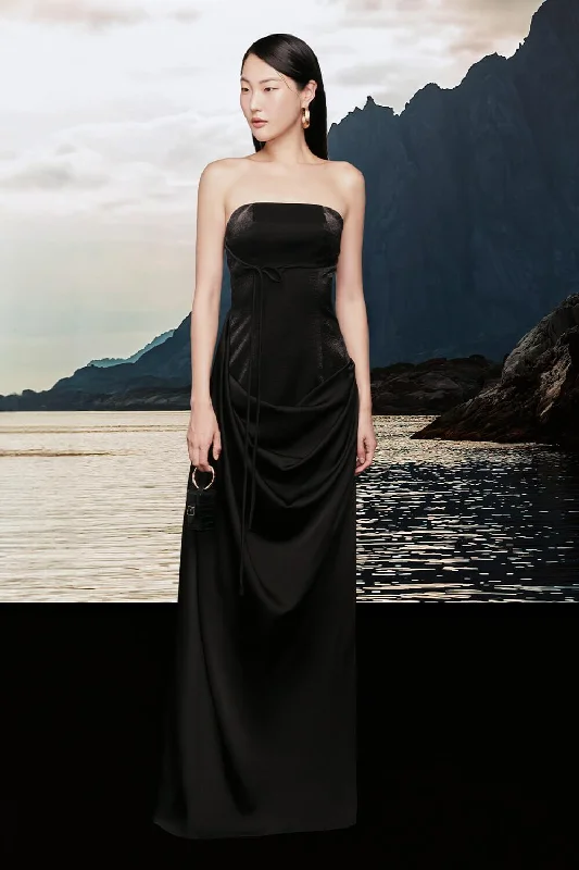 Orwell Strapless Draped Taffeta Silk Floor Length Dress