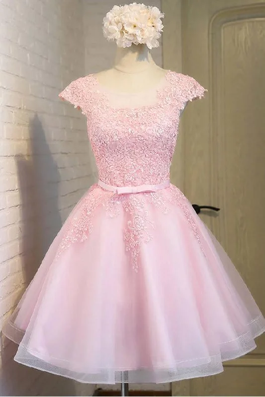 Pink Lace Short Tulle Homecoming Dresses Party Dresses with Cap Sleeves  PG138