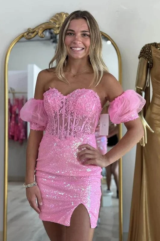 Party dresses with a satin - lined interior for added comfortPink Strapless Applique Bodycon Homecoming Dress wiith Sleeves PD542 Party dresses with a satin - lined interior for added comfortPink Strapless Applique Bodycon Homecoming Dress wiith Sleeves PD542