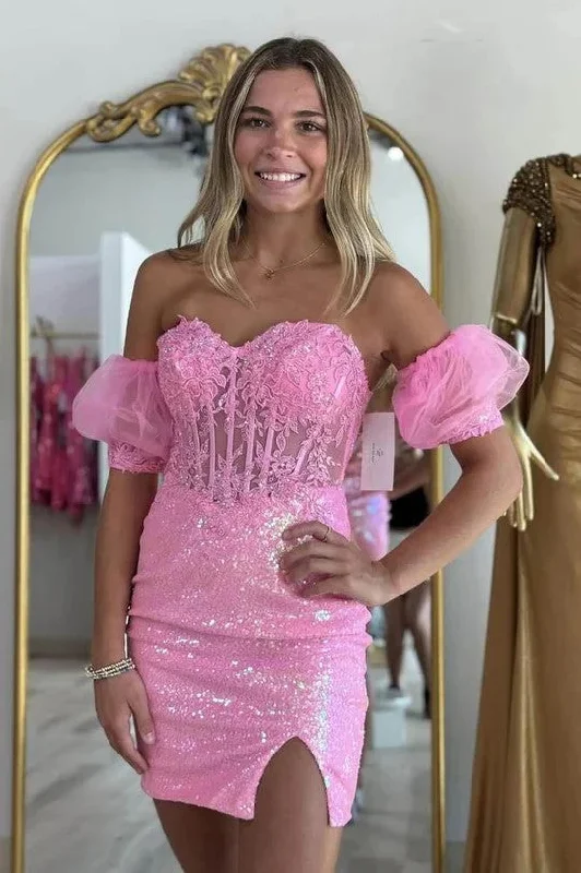 Party dresses with a pom - pom trim for a fun and festive touch​Pink Strapless Applique Bodycon Homecoming Dress wiith Sleeves PD557