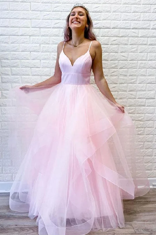 Party dresses with a one - shoulder design for a modern and unique lookPink Tulle Ruffles Spaghetti Straps Simple Long Prom/Formal Dress PSK093 Party dresses with a one - shoulder design for a modern and unique lookPink Tulle Ruffles Spaghetti Straps Simple Long Prom/Formal Dress PSK093