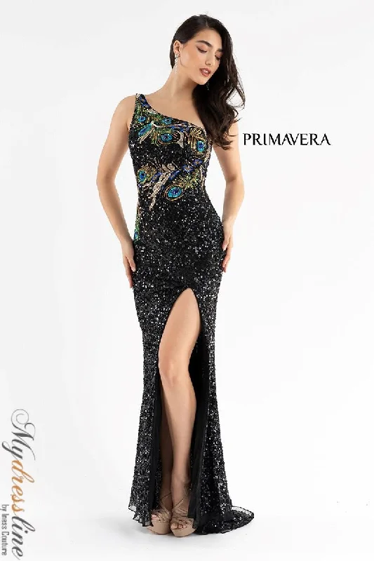 Formal dresses with cold - shoulder ruffled sleeves and floral prints for a romantic and trendy formal stylePrimavera 3738 Formal dresses with cold - shoulder ruffled sleeves and floral prints for a romantic and trendy formal stylePrimavera 3738