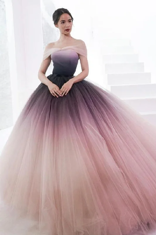 Party dresses with a geometric pattern for a contemporary look​Princess Ombre Ball Gown Tulle Off-Shoulder Prom Dress Formal Dress  PSK090