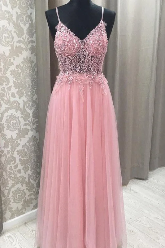 Party dresses with a satin - lined interior for added comfort​Princess Pink Beaded Tulle Long Prom Dress with Open Back PSK085