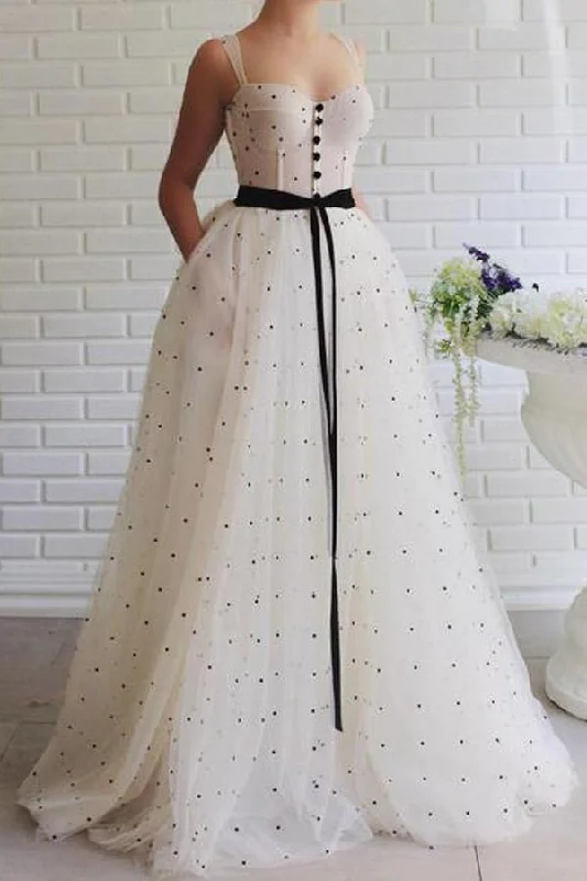 Party dresses with a criss - cross back design for a stylish detail​Princess White Tulle A-line Sweetheart Prom Dress With Sash PSK086