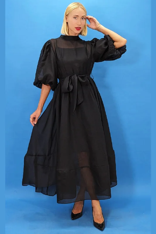 Puff Sleeve Wrap Belt Tiered Long Dress