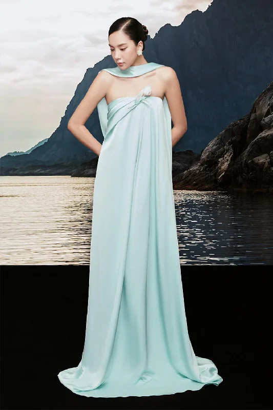 Rayan Strapless Pleated Chest Silk Maxi Dress