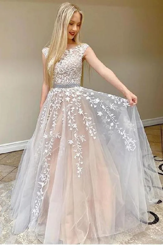 A - line party dresses with a floral print for spring eventsRound Neck Tulle Open Back Long Prom Dress With Lace Applique PSK115 A - line party dresses with a floral print for spring eventsRound Neck Tulle Open Back Long Prom Dress With Lace Applique PSK115