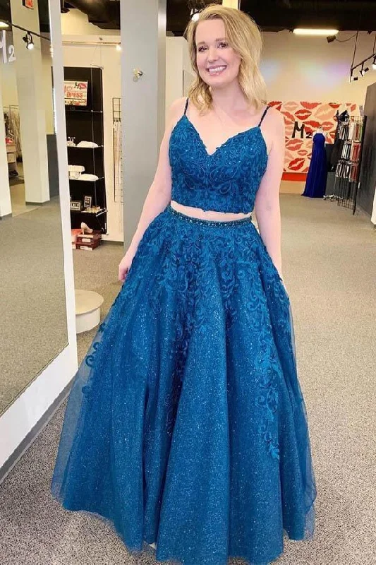 Halter - neck party dresses for a stylish and secure fitRoyal Blue Sparkle Tulle Appliques Two Piece Prom/Formal Dress PSK095 Halter - neck party dresses for a stylish and secure fitRoyal Blue Sparkle Tulle Appliques Two Piece Prom/Formal Dress PSK095