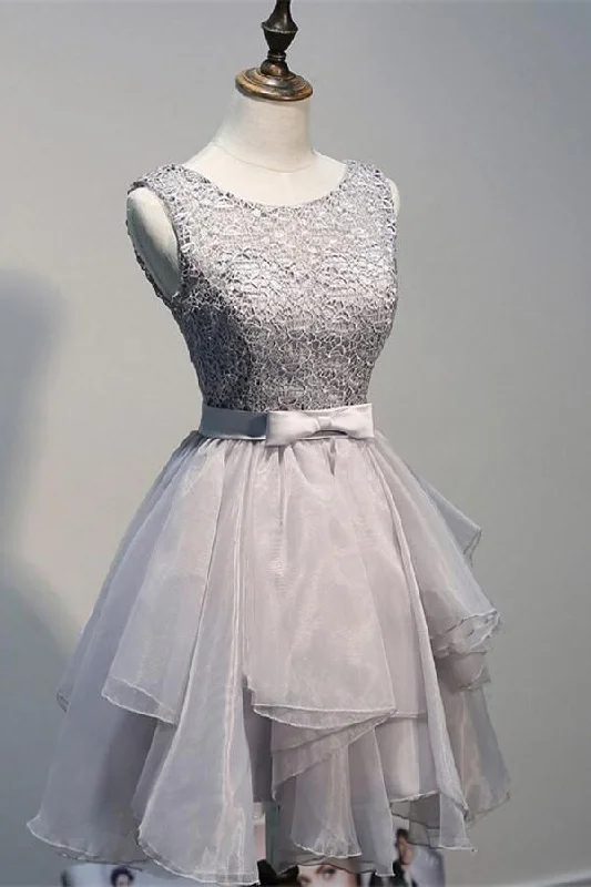 Scoop Backless Short Grey Organza Homecoming Dress with Appliques  PG144