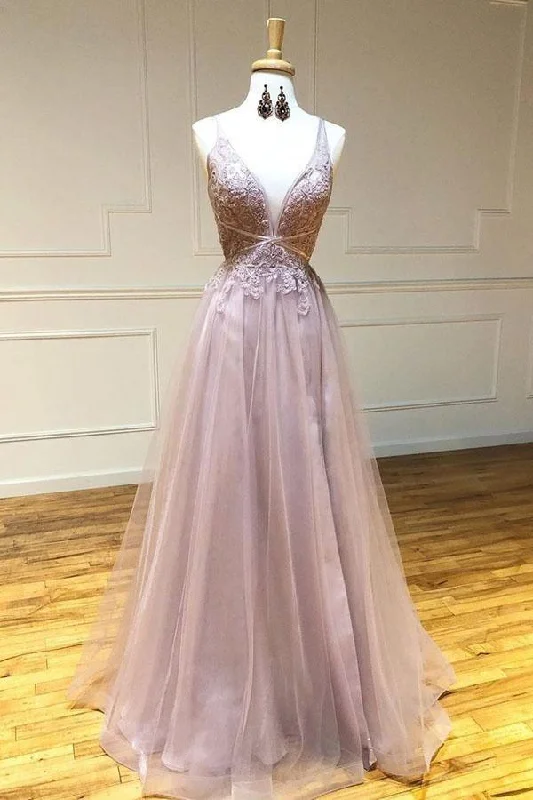 Evening party dresses with a long train for a dramatic entranceSexy Deep V-neck Appliques A-Line Tulle Pink Long Prom Dress PSK108 Evening party dresses with a long train for a dramatic entranceSexy Deep V-neck Appliques A-Line Tulle Pink Long Prom Dress PSK108