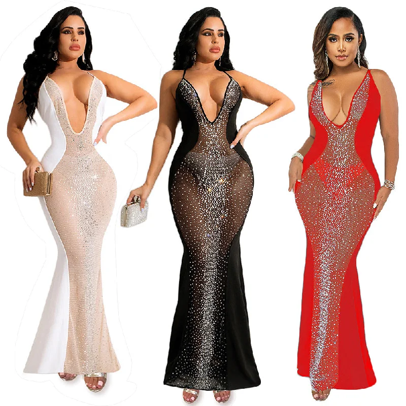 Sexy See through hot drill sleeveless ladies club dress elegant gowns for women evening dresses