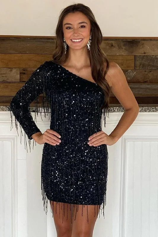 Party dresses with a sheer panel for a hint of allureSheath One Shoulder Black Sequins Party Dress with Tassel Party dresses with a sheer panel for a hint of allureSheath One Shoulder Black Sequins Party Dress with Tassel