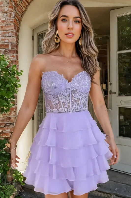 Party dresses with a peplum waist for a feminine and flattering silhouette​Sparkly A-line Strapless Appliques Tiered Lilac Homecoming Dress PD553