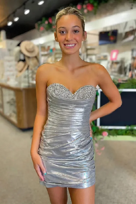Party dresses with a bow detail for a cute and charming touchSparkly Beaded Strapless Tight Satin Silver Homecoming Dress PD536 Party dresses with a bow detail for a cute and charming touchSparkly Beaded Strapless Tight Satin Silver Homecoming Dress PD536