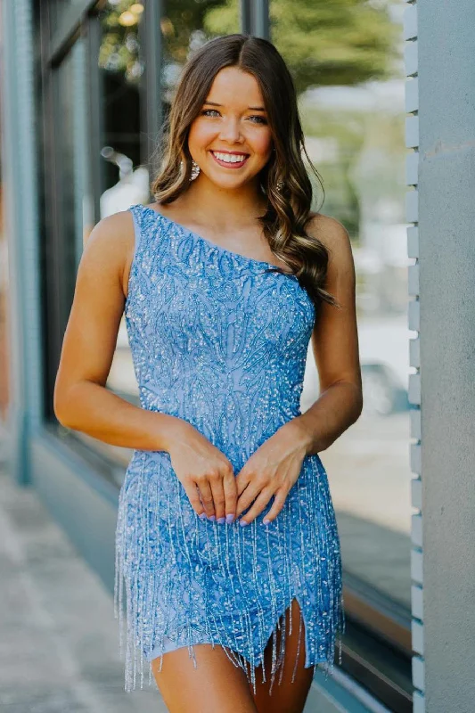 Sparkly Blue Beaded Fringed Tight Short Party Dress