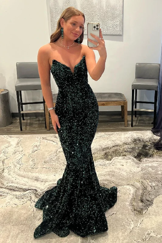 Sparkly Dark Green Sequins Mermaid Sweetheart Long Prom Dress