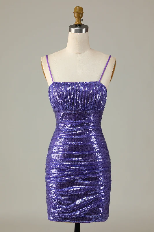 Sparkly Purple Sequins Spaghetti Straps Tight Short Party Dress