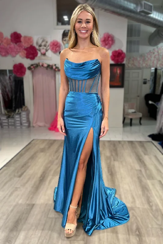 Long - sleeved formal dresses in velvet for a winter formal eventStrapless Blue Corset Prom Dress with Slit Long - sleeved formal dresses in velvet for a winter formal eventStrapless Blue Corset Prom Dress with Slit