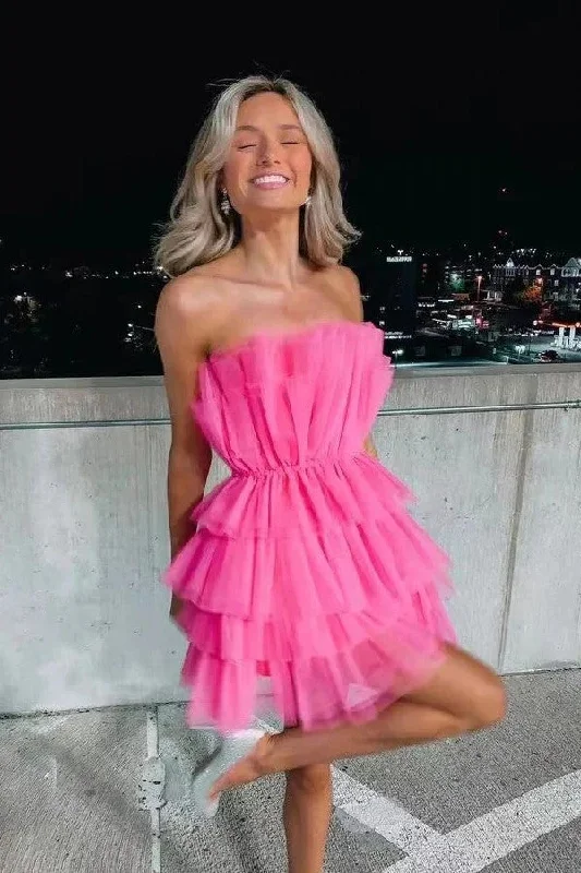 Party dresses with a handkerchief hem for a unique and flowing style​Strapless Tiered Tulle Pink Homecoming Dress Sweet 16 Dress PD556
