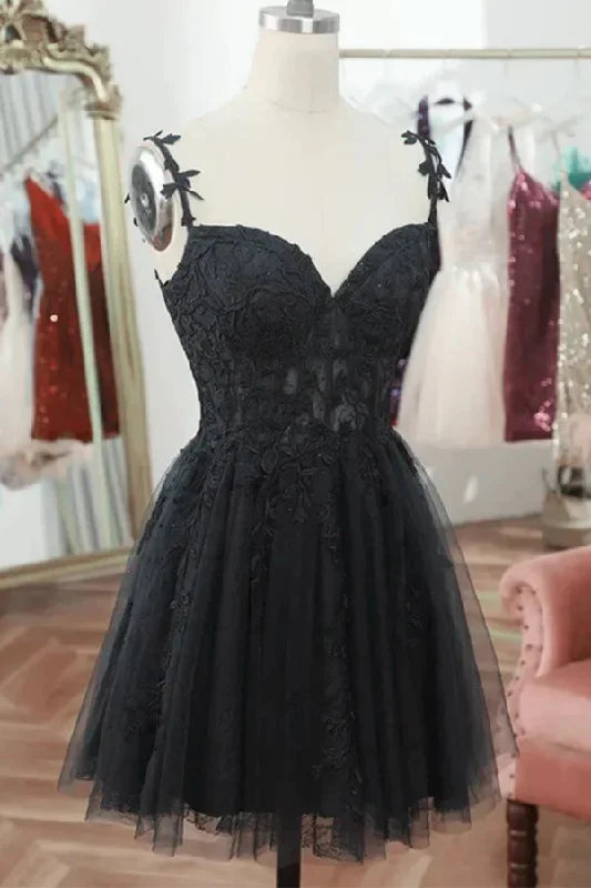 Party dresses with a pom - pom trim for a fun and festive touchStraps Sweetheart Lace Cute Black Homecoming Dress Cocktail Dress PD541 Party dresses with a pom - pom trim for a fun and festive touchStraps Sweetheart Lace Cute Black Homecoming Dress Cocktail Dress PD541