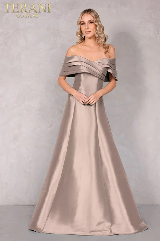 Formal dresses with tiered lace skirts and off - the - shoulder necklines for a feminine and elegant formal appearanceTerani Couture 2112M5404 Formal dresses with tiered lace skirts and off - the - shoulder necklines for a feminine and elegant formal appearanceTerani Couture 2112M5404