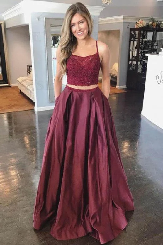 Beach party dresses made of lightweight and breathable fabricTwo Piece A-Line Burgundy Satin Lace Top Spaghetti Straps Prom Dress PSK109 Beach party dresses made of lightweight and breathable fabricTwo Piece A-Line Burgundy Satin Lace Top Spaghetti Straps Prom Dress PSK109