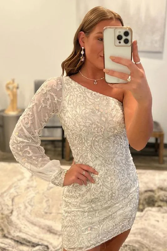 Cocktail party dresses in a classic little black dress styleWhite Beaded Sequins One Shoulder Tight Short Prom Dress Cocktail party dresses in a classic little black dress styleWhite Beaded Sequins One Shoulder Tight Short Prom Dress