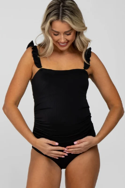 Women's Sheer Paneled One - Pieces in White for a Delicate and Elegant Evening AppearanceBlack Ribbed Square Neck Ruffle Strap One Piece Maternity Swimsuit Women's Sheer Paneled One - Pieces in White for a Delicate and Elegant Evening AppearanceBlack Ribbed Square Neck Ruffle Strap One Piece Maternity Swimsuit