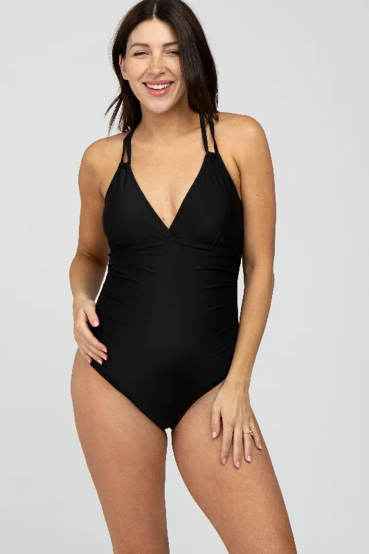 Women's Cut - Out One - Pieces in Black with Geometric Shapes for a Modern and Edgy StyleBlack Ruched Side Strappy Cross Back Maternity One Piece Swimsuit Women's Cut - Out One - Pieces in Black with Geometric Shapes for a Modern and Edgy StyleBlack Ruched Side Strappy Cross Back Maternity One Piece Swimsuit