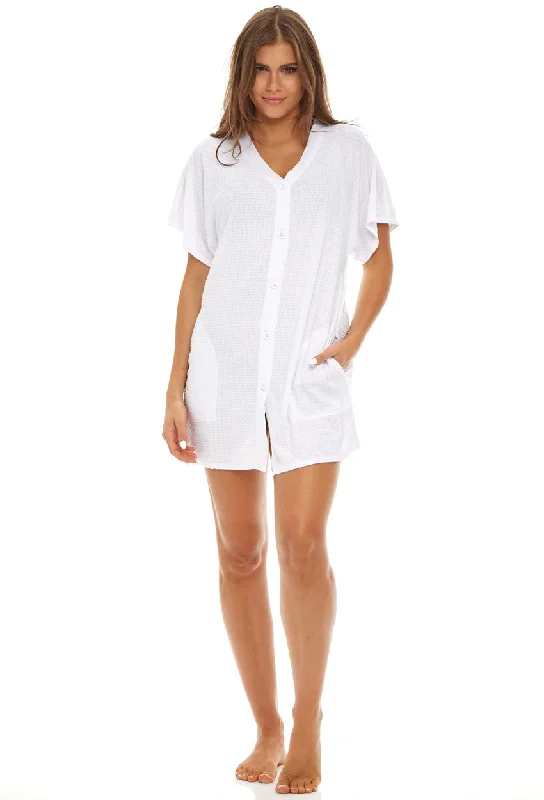 Printed sarong - style cover ups for a tropical vacation lookBUTTON FRONT DRESS WITH POCKETS - WAFFLE Printed sarong - style cover ups for a tropical vacation lookBUTTON FRONT DRESS WITH POCKETS - WAFFLE